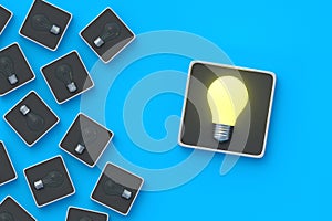 Glowing light bulb on button. Idea concept