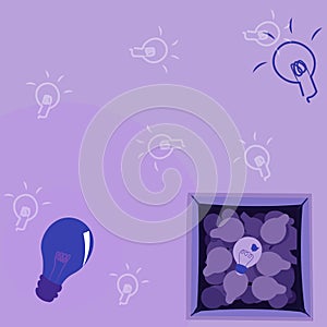 Glowing Light Bulb Drawing In Box Displaying Fresh Discoveries. Shining Glass Lamp Design In Crate Showing New Message