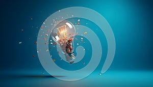 Glowing light bulb exploding into colorful gears symbolizing burst of creativity and innovation processAI Generated