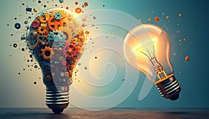 Glowing light bulb exploding into colorful gears symbolizing burst of creativity and innovation processAI Generated