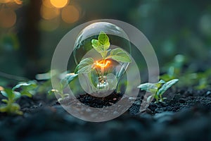 Glowing light bulb and green plant growing out of soil. Ecology concept Generative AI