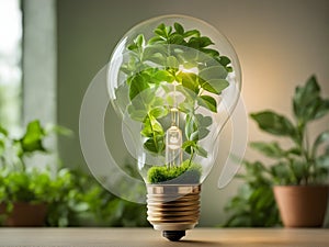 Glowing light bulb with green plant inside. Alternative energy concept