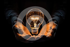 Glowing light bulb in the hands of a man on a black background, Conceptual image of lightbulb in hand against Black background, AI