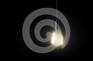 Glowing light bulb is hanging on dark black background for copy space, isolated, transparent vector illustration