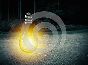 Glowing light bulb hanging outdoors