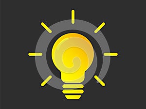 Glowing light bulb icon. Bright yellow light with rays on black background electric lighting
