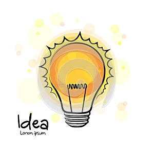 Glowing light bulb icon. Hand drawn sign. Creative idea and innovation. Vector.