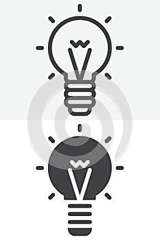 Glowing light bulb icon set in line and solid style