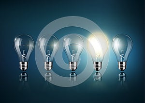 Glowing light bulb is among a lot of turned off light bulbs on dark blue background , concept idea , Transparent Vector