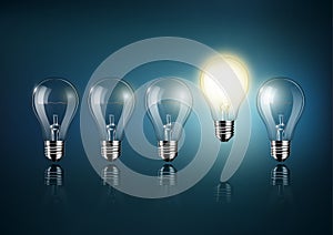 Glowing light bulb is among a lot of turned off light bulbs on dark blue background , concept idea , Transparent Vector