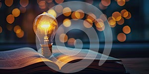 Glowing light bulb on open book with blurred bokeh background.