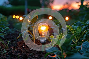 A glowing light bulb protrudes from the earth amidst plant leaves, symbolizing an idea taking root in a natural
