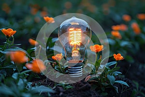 A glowing light bulb protrudes from the earth amidst plant leaves, symbolizing an idea taking root in a natural