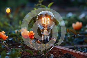 A glowing light bulb protrudes from the earth amidst plant leaves, symbolizing an idea taking root in a natural