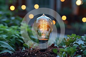 A glowing light bulb protrudes from the earth amidst plant leaves, symbolizing an idea taking root in a natural