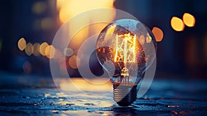 Glowing light bulb in a rainy city at dusk