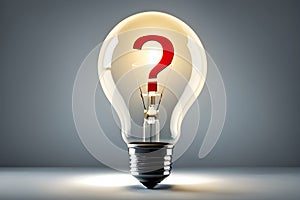 Glowing light bulb with a red question mark inside. Concept of creative problem-solving and curiosity.