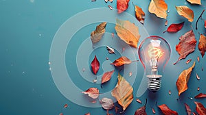 Glowing light bulb surrounded by autumn leaves on teal.