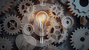 A glowing light bulb surrounded by various metal gears on a dark background, symbolizing innovation and technology
