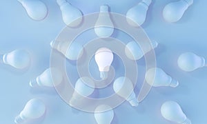 Glowing Light Bulb white Standing Out From the Crowd on blue background. ideas, leadership, creativity concept. 3d rendering