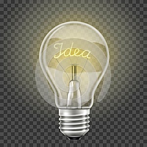 Glowing light bulb with the word idea , realistic 3D vector, isolated on a transparent background. Electricity