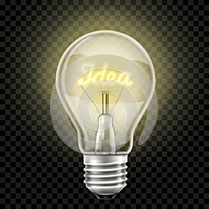 Glowing light bulb with the word idea , realistic 3D vector, isolated on a transparent background. Electricity