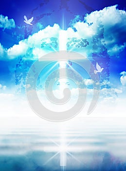 Glowing light Christian cross on blue sky, white doves, Jesus Christ head silhouette