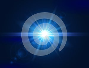 Glowing light effect. Blue lens flare. Glare light. Explosion star. Flash with rays and spotlight. Vector illustration