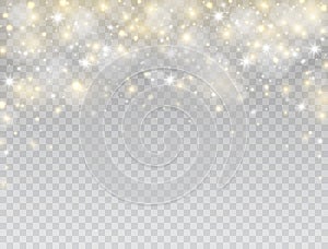 Glowing light effect border. Star burst with white and gold sparkles on transparent background. Magic glitter dust