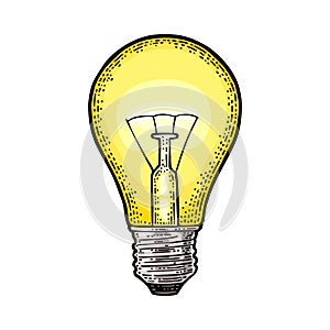 Glowing light incandescent bulb. Vector vintage engraving on white background