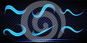 Glowing light lines set. Blue dynamic energy curves. Stream of fresh air. Light waves curves on a transparent background