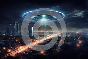 Glowing light round UFO saucer flies in dark sky over the night city, AI generated