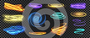 Glowing light spirals, circles, swirls and speed motion effect. Realistic shiny neon trail curves. Magic energy rings and waves