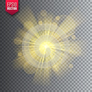 Glowing light on transparent background. Lens flare effect. Bright sparkling flash, sunlight. Vector illustration.