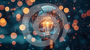 Glowing lightbulb with bokeh effect in dark background