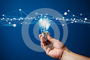 Glowing lightbulb held in hand with digital network technology