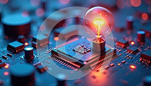 Glowing lightbulb on microchip. Circuit board with electronic components. Artificial intelligence concept. Digital tech