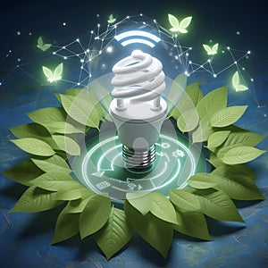 Glowing lightbulb with planet earth inside surrounded by green leaves