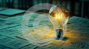 Glowing Lightbulb on a Stack of Paper Documents