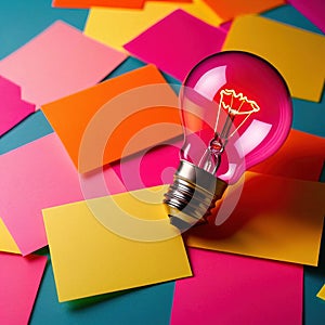 Glowing lightbulbs and multicolored postits, showing creativity and diversity of ideas in a business envrironment