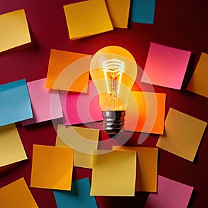 Glowing lightbulbs and multicolored postits, showing creativity and diversity of ideas in a business envrironment photo