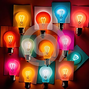 Glowing lightbulbs and multicolored postits, showing creativity and diversity of ideas in a business envrironment