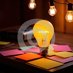 Glowing lightbulbs and multicolored postits, showing creativity and diversity of ideas in a business envrironment