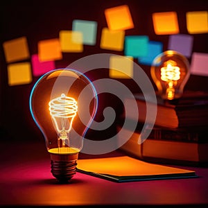 Glowing lightbulbs and multicolored postits, showing creativity and diversity of ideas in a business envrironment