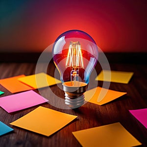 Glowing lightbulbs and multicolored postits, showing creativity and diversity of ideas in a business envrironment