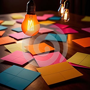 Glowing lightbulbs and multicolored postits, showing creativity and diversity of ideas in a business envrironment photo