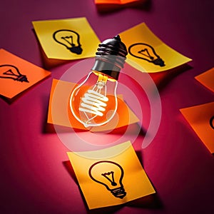 Glowing lightbulbs and multicolored postits, showing creativity and diversity of ideas in a business envrironment photo