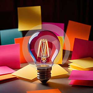 Glowing lightbulbs and multicolored postits, showing creativity and diversity of ideas in a business envrironment photo