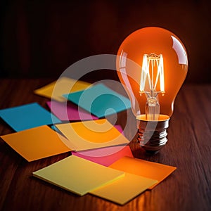 Glowing lightbulbs and multicolored postits, showing creativity and diversity of ideas in a business envrironment photo