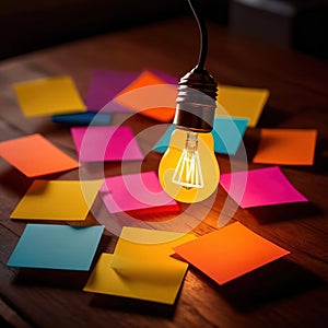Glowing lightbulbs and multicolored postits, showing creativity and diversity of ideas in a business envrironment photo